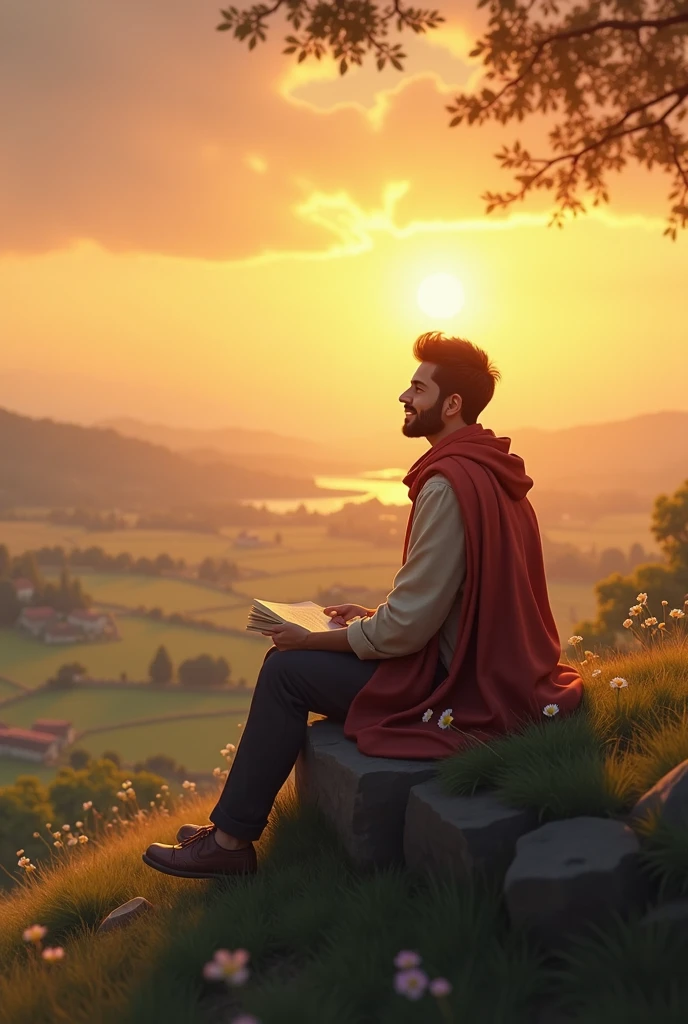 A serene scene where Ramu sits on a hilltop or near a riverbank, gazing into the distance with a reflective and content expression. The landscape around him is beautiful and peaceful, with the sun setting or rising, casting a golden glow over the fields and village in the distance. He looks at a book or a piece of paper in his hand, symbolizing his education and journey, with a gentle smile, reflecting on his path from a small village to success.
