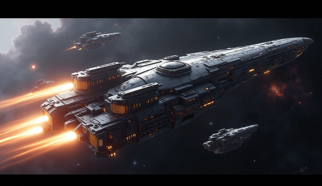 Large space station and other mini space stations in outer space.
Make this same space station traveling at high speed through the universe.