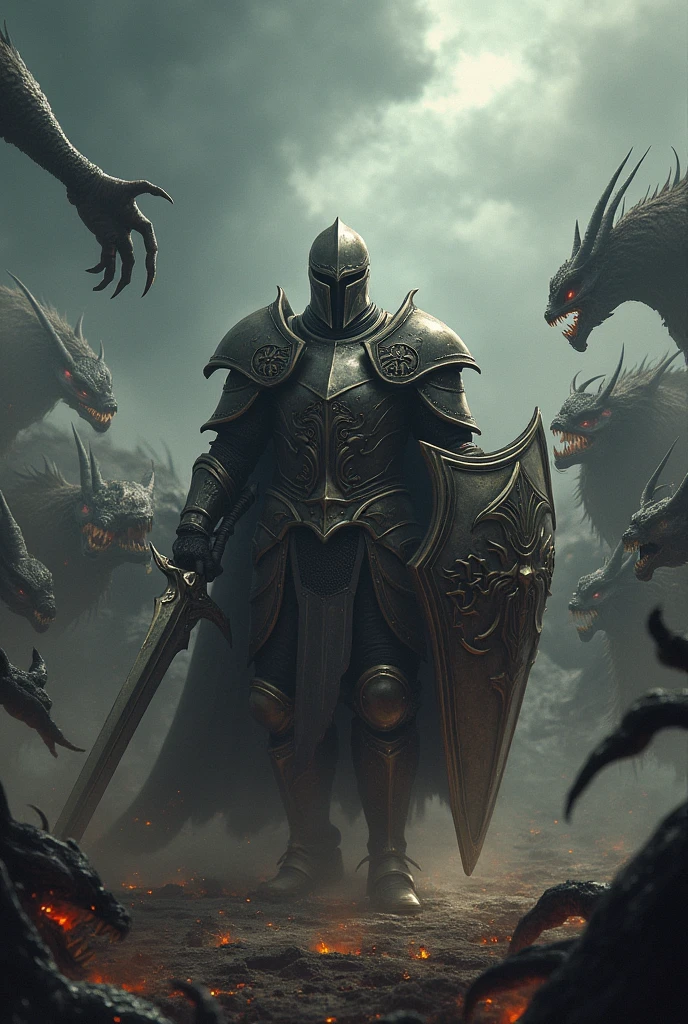 Create an image of a helmeted warrior fighting an army of demons