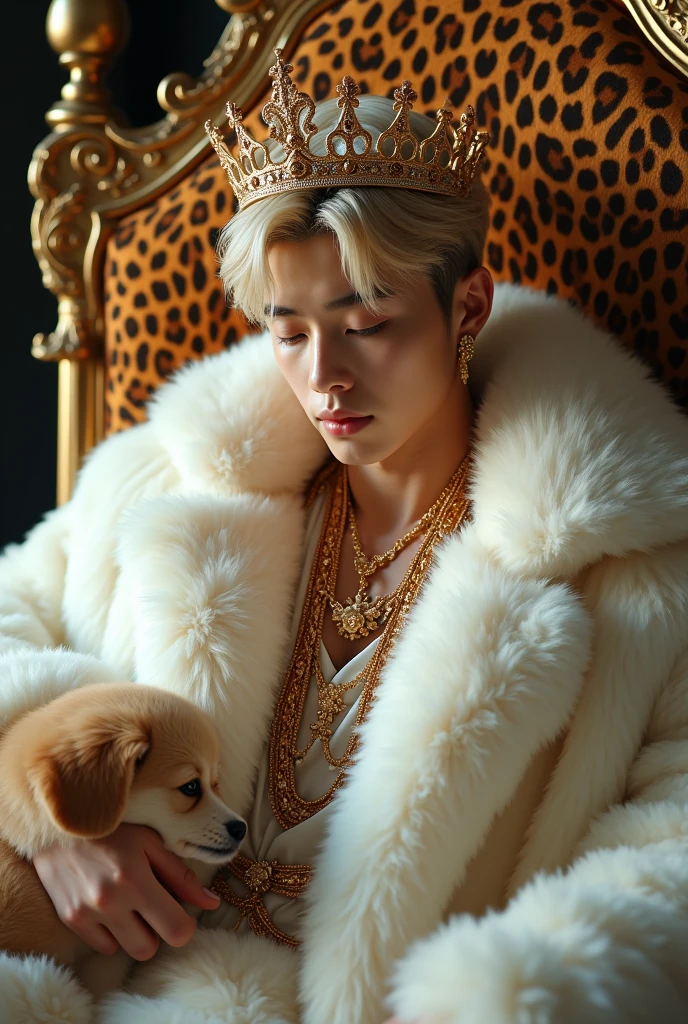 ((whole body)), ((head to leg)), ((all the body)), ((from below)),1asian girl,alone, ((stand up, leaning on ledge)), ((lean forward)), ((The features are clear, clear face, clear face)), handsome young Korean boy, young prince face, realistic, real,8k, clean,  young Korean boy with a blonde gorgeous hair,  pale skin, his face is also very handsome and young. sexy, he has a muscle body. wearing huge white fur coat, big crown, fur coat covering all the body, wearing big fluffy fur, sitting on leopard fur throne, throne covered with leopard fur coat, on the fur mug, gold necklaces, alots of gold jewerly, white skin, prince handsome gorgeous, bite lip, Simple and casual scene, Very detailed, Ultra-clear, best quality, official art, exquisite earrings, exquisite necklace, Very detailed description, , Sophisticated functionality, elegant, , Super fine details, masterpiece, Authentic texture, Realistic movie lighting, masterpiece, best quality, wearing huge white fur coat, many jewelry, alots of gold jewelry, every finger has golden rings, her sexy leg , she wearing fur slippers, holding a feather stick, fluffy feather stick, wearing huge crown,  he don't wear anything except fur coat, petting dog