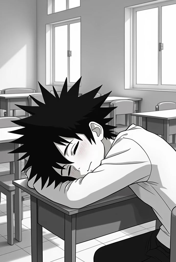 Black and white 2d anime teenager sleeping in classroom with hair sticking up