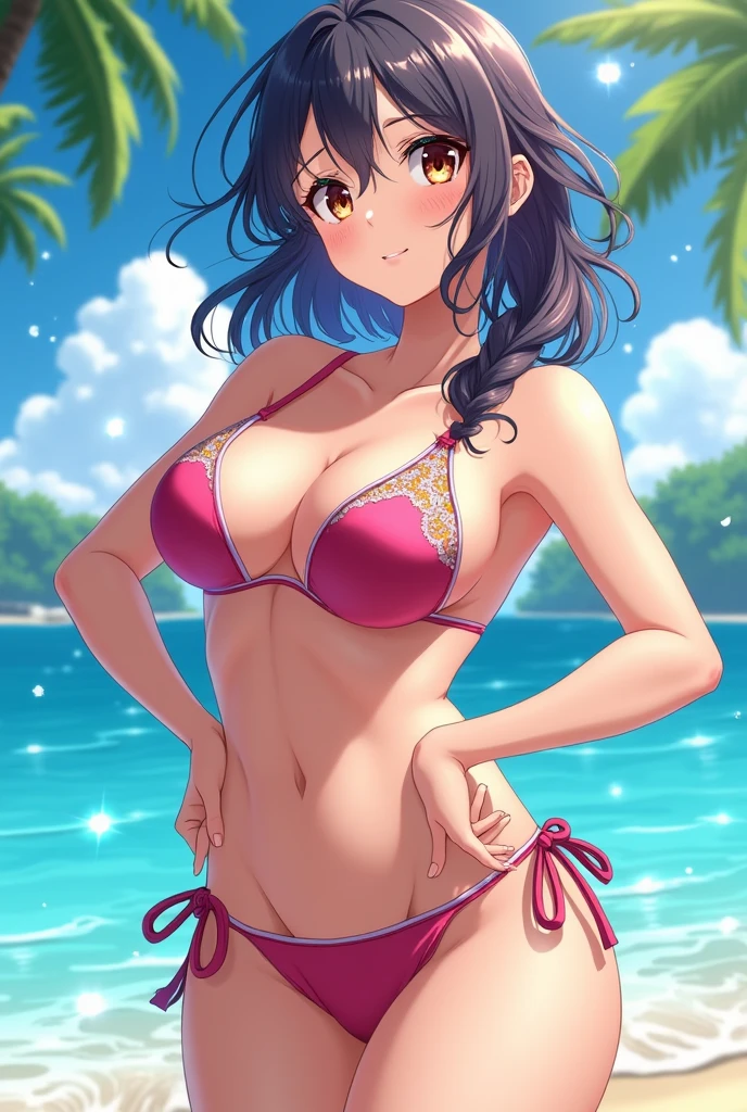 Make an anime girl with big boobs in a bikini