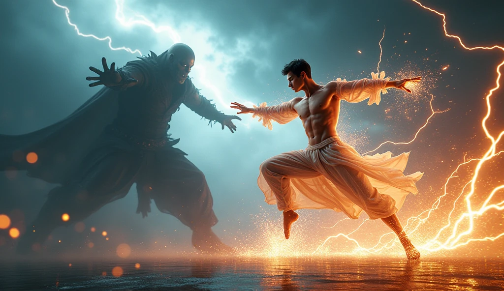 (ultra detailed), thunder、A member of a male dance group uses the power of 1 AI to defeat the enemy.々The scene where he defeats。