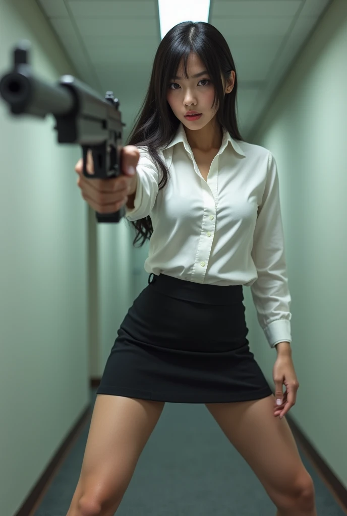 real beautiful sweet big eyes office lady japanese white shirt low mini skirt standing legs open wide spreading full portrait holding rifle gun pointing at you front facing aiming at you