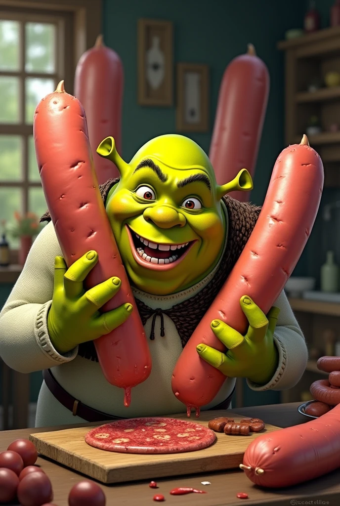 Shrek loves to eat huge sausages