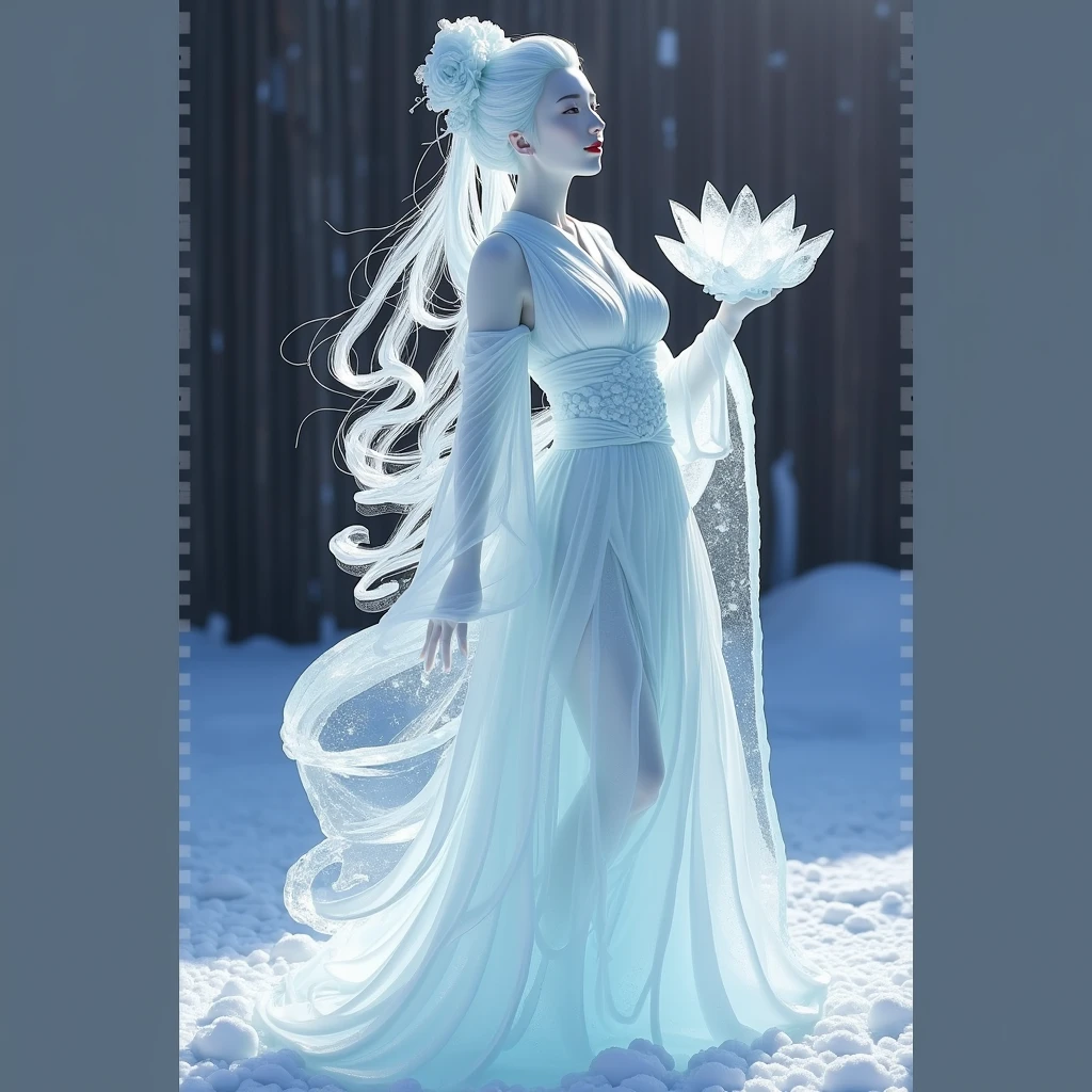 (ice blue - carving:1.4),Film viewing angle,(Fan Bingbing,  Ice Blue Sculpture Girl,Anatomically correct,full body, lesbian,Masterpiece ice sculpture Camellia,Representative work of Hanfu,smile,sexual,full body art,traditional art,erotic art,Queen of Arts,Amazing Body Art,Amazing style of hearing,traditional japanese girls,Japanese Female Geisha, Japanese works of art,full, jewelry art,full body art style)