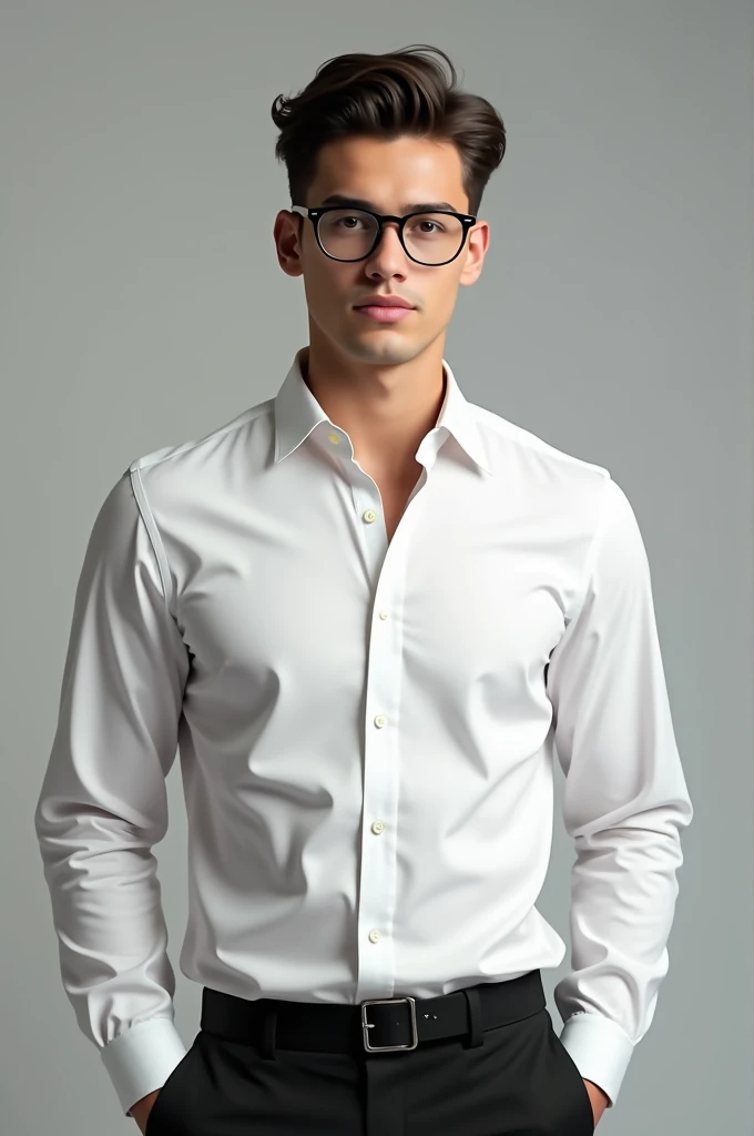A handsome young man
(He is wearing black long pants, white shirt and a clear glasses