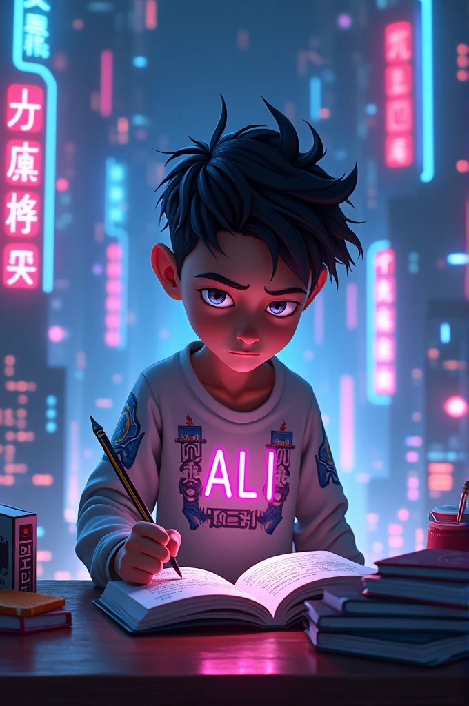 Cyberpunk style animated boy named Ali on his shirt is studying
