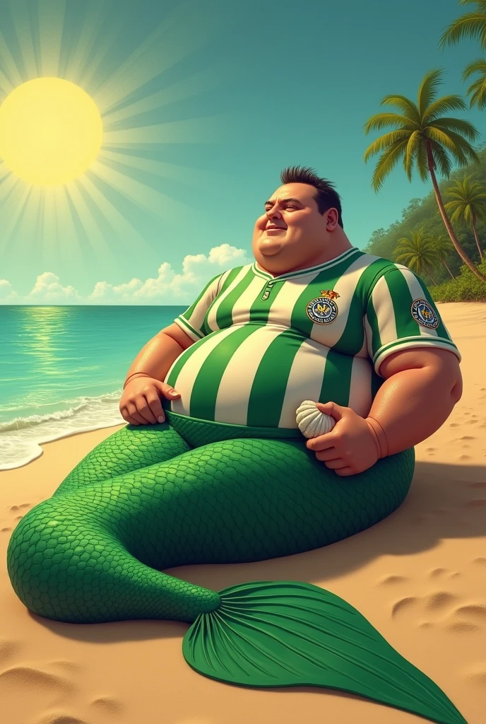 Create an image of a fat man lying on the sand of a beach dressed as a mermaid with the São Paulo Football Club shirt under a scorching sun and the words "Good morning, people from São José do Rio Preto" written in the photo.