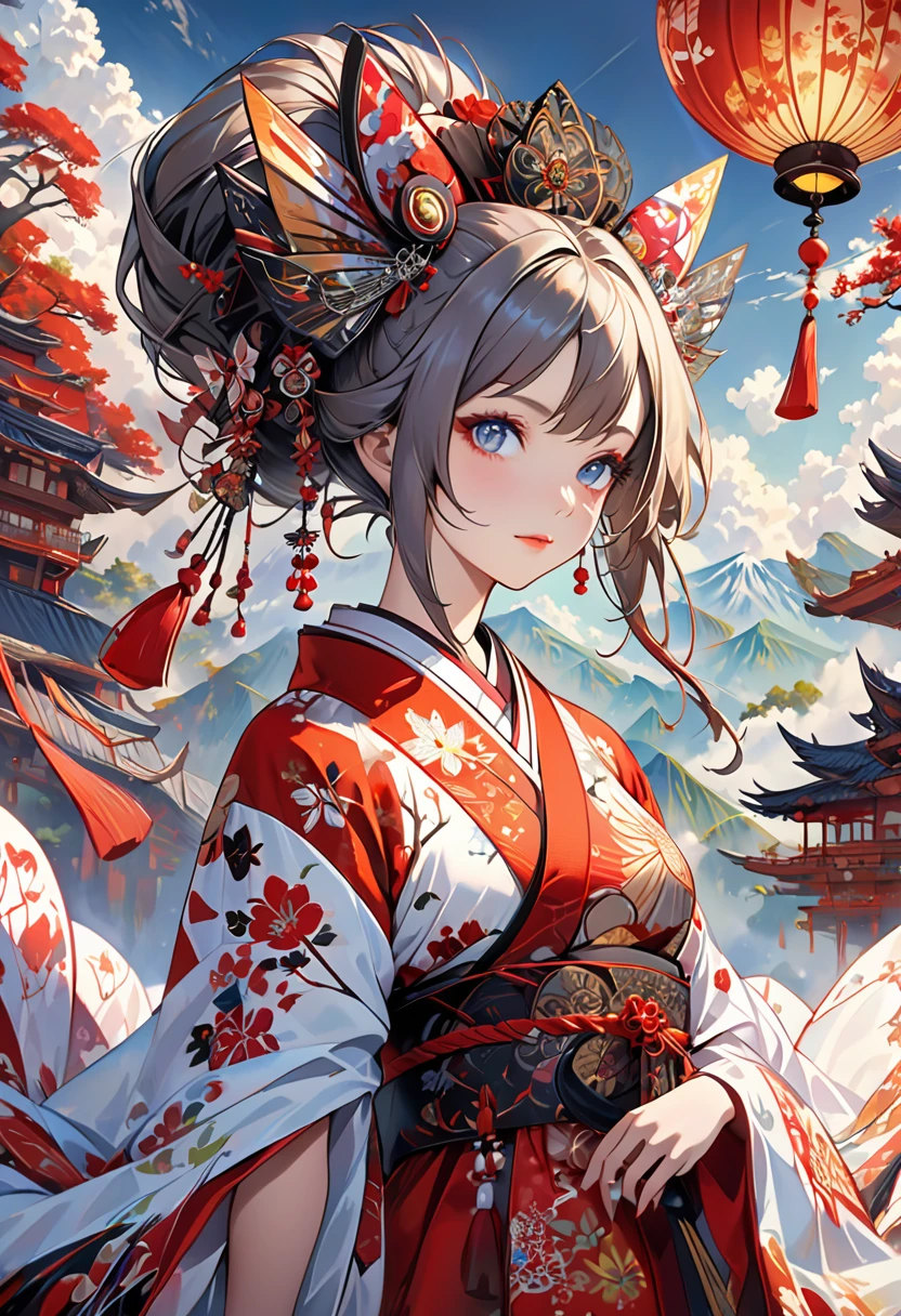 Ink painting, (((1 girl )), (((Tattoo in the middle of the forehead))), (((Oiran))), (((Great hair accessories))), Demon possession, , (((Masterpiece、Top quality للصورة、Highest quality、وحدة Very detailed 8ｋWall paper))), ((And covered with jewelry, an illustration of a single girl、All body covered))、(((beautiful girl))), (Masterpiece, Top quality, Best quality, Official art, Beautiful and aesthetic:1.2), A girl stood alone in front of an amazing work of art., Her eyes are wide with admiration., (Very detailed), Face up close, (Fractal art:1.3), All body covered بدقة, The intricate patterns and colors of the Fractal artwork surrounded her, Every line and curve is carefully designed..Colorful spirals and geometric shapes blend seamlessly., Resulting in the creation of a stunning piece that captured the essence of abstract beauty.. (Top detailed), Every little detail is meticulously drawn., She invited viewers to explore the depths of art and lose themselves in its complexities..