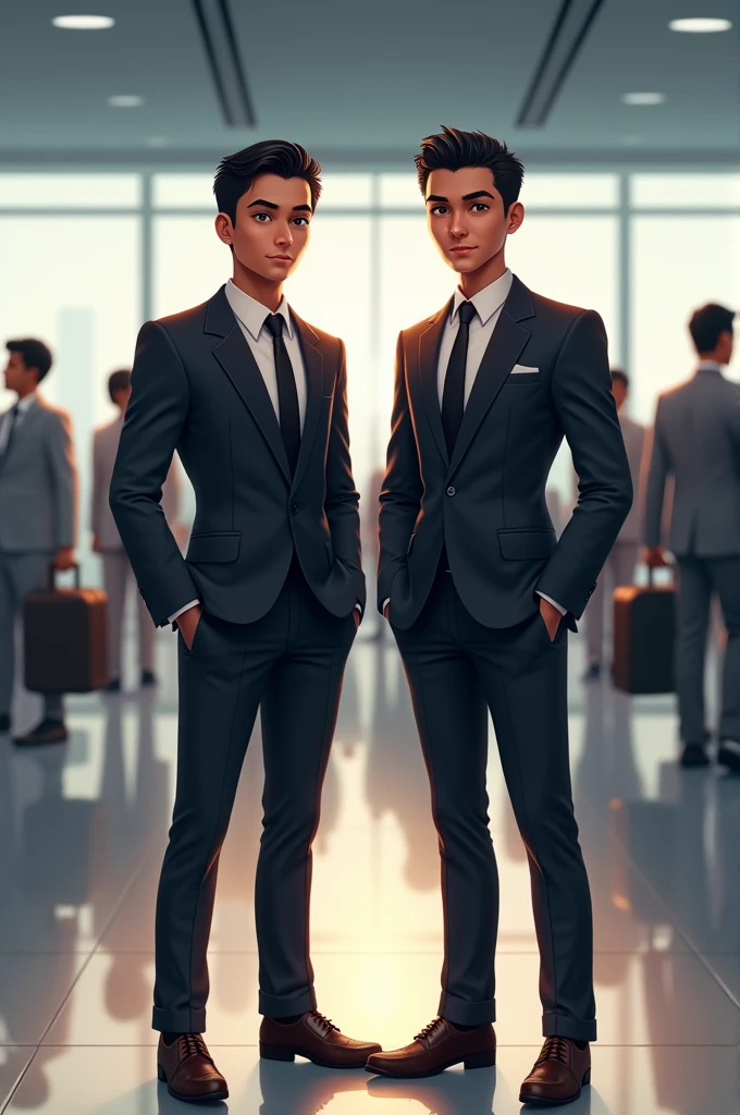 Realistic 2 handsome nepali boy at airport wearing formal dresses 