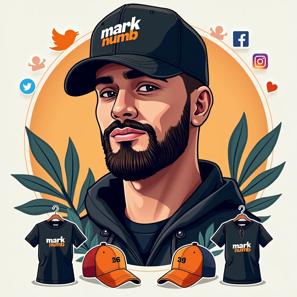 Create a social media profile photo for A young man with a beard and black basketball hat with the logo "Mark Numhb " with Facebook icon,Twitter icon ,Instagram icon ,twitter icon and tiktok icon where the person completes the design and puts them Vectors, Vector T-shirts, Vector Cups, Vector sticker,Vector Caps and Vector Hoodies Sell online