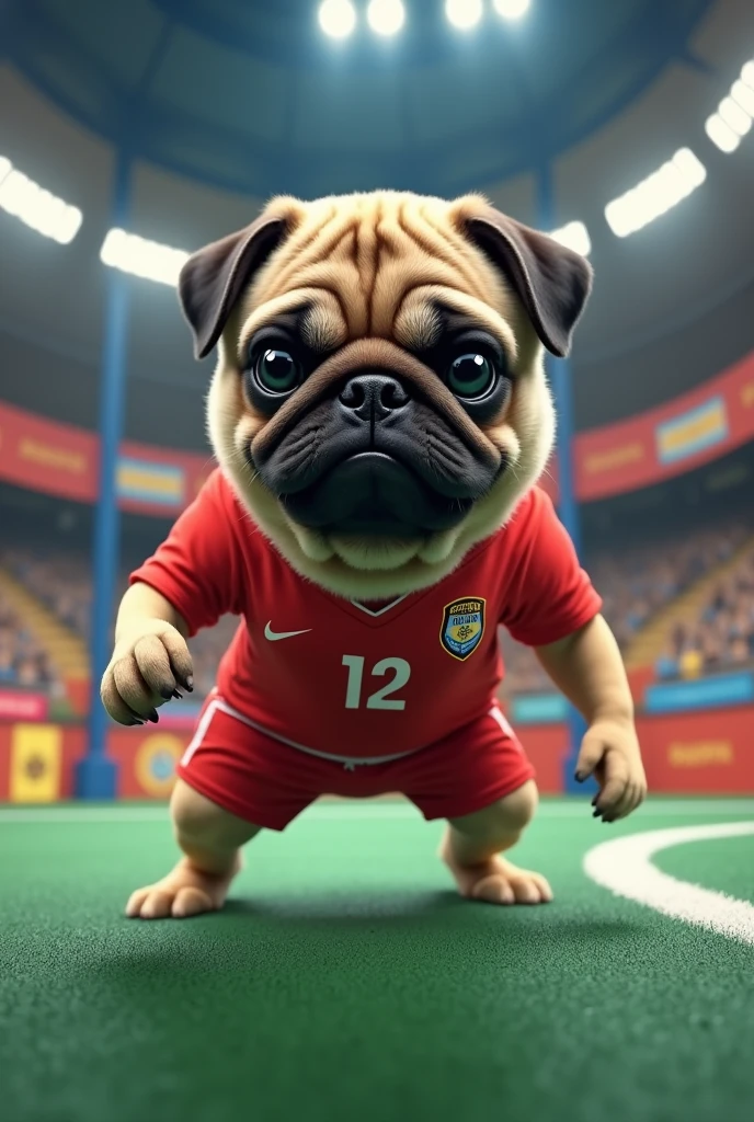 a pug dog futsal goalkeeper of São Paulo Futebol Clube with red uniform and shirt 12.
