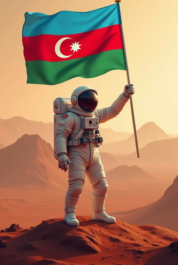 An astronaut holding an Azerbaijani flag on Mars