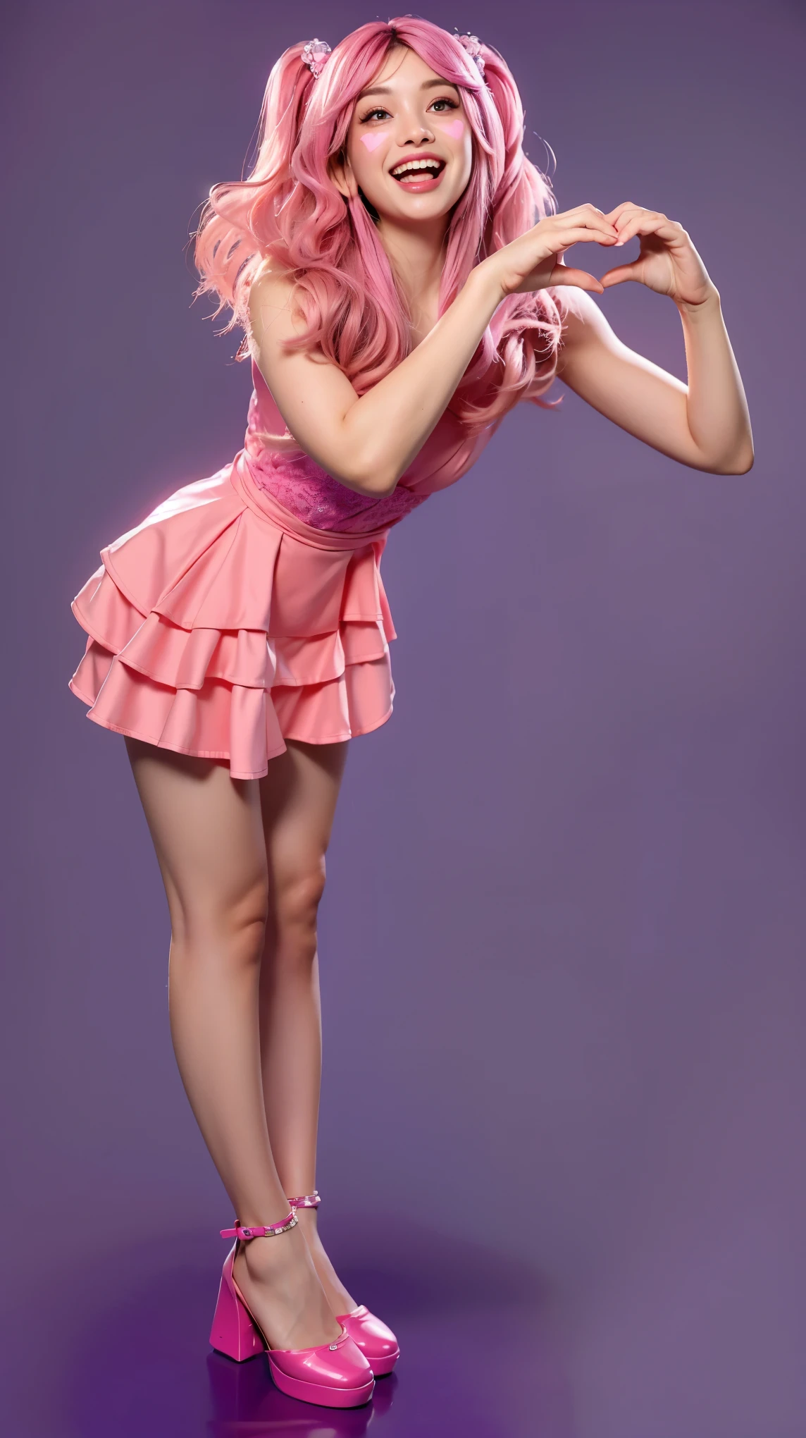 The image shows a woman with long, wavy pink hair, styled with pigtails, standing against a solid purple background. She is dressed in a bright pink, frilly dress with a ruffled skirt and is wearing matching pink high-heeled shoes. Her makeup is playful and vibrant, with pink eyeshadow and large heart-shaped designs on her cheeks. Her expression is joyful and animated, with a wide, open-mouthed smile, as if she is laughing or expressing excitement. She is making a heart shape with her hands in front of her chest, adding to the cheerful and lively vibe of the image. The overall appearance and pose convey a sense of fun, enthusiasm, and positivity. he purple background complements the costume, creating a vibrant and engaging scene. (glossy plastic texture with multiple big light probe refractions), perfect cgi, smooth silhouette, high intensity refraction, (super glossy plastic material), most beautiful vfx, , realistic, 4k, high resolution, rim light, smooth 3d model, multiple light sources, rim light, sharp post effects render,, realistic, 4k, high resolution, rim light detailed digital art, reflective, best quality, 4k, masterpiece:1.2, ultra-detailed, realistic, vivid colors, The image of the highest quality, ensuring every detail showcased perfectly. It in 4k resolution, allowing viewers to immerse themselves in the richness of the colors and intricate details. The realistic rendering. under the spotlight, reflecting, high-resolution image, realistic rendering