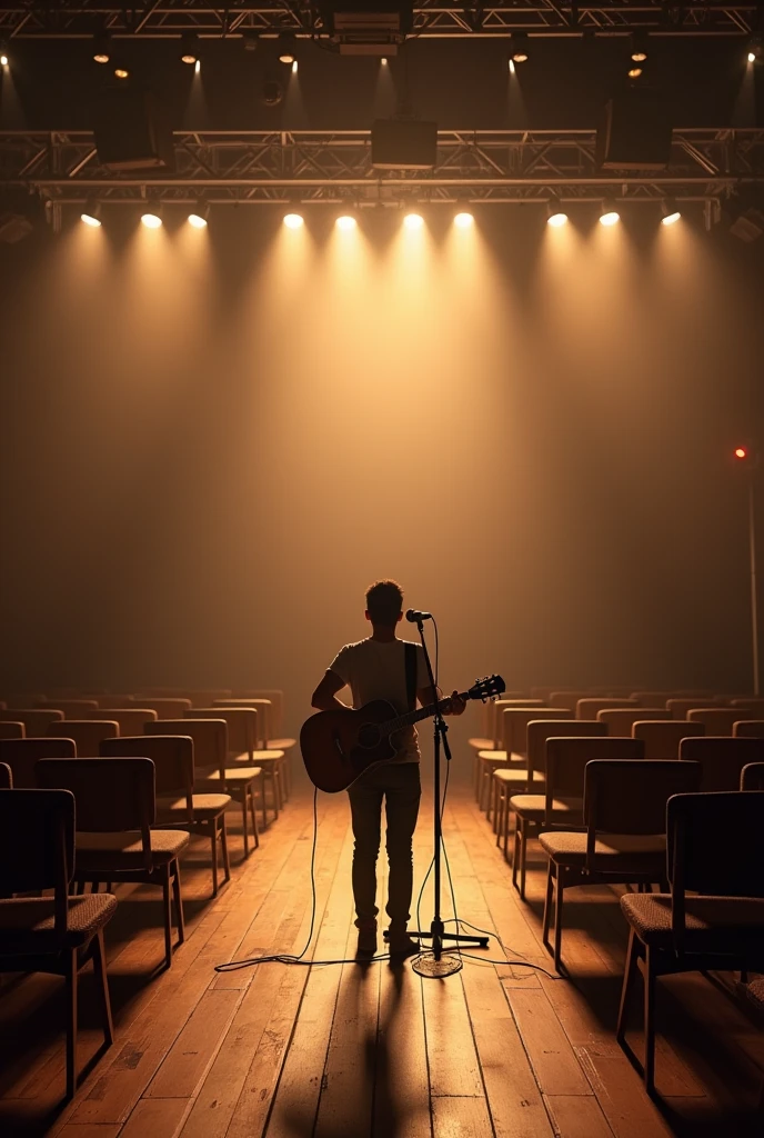 Radio show atmosphere with large empty chairs, microphone for singing and a guitar