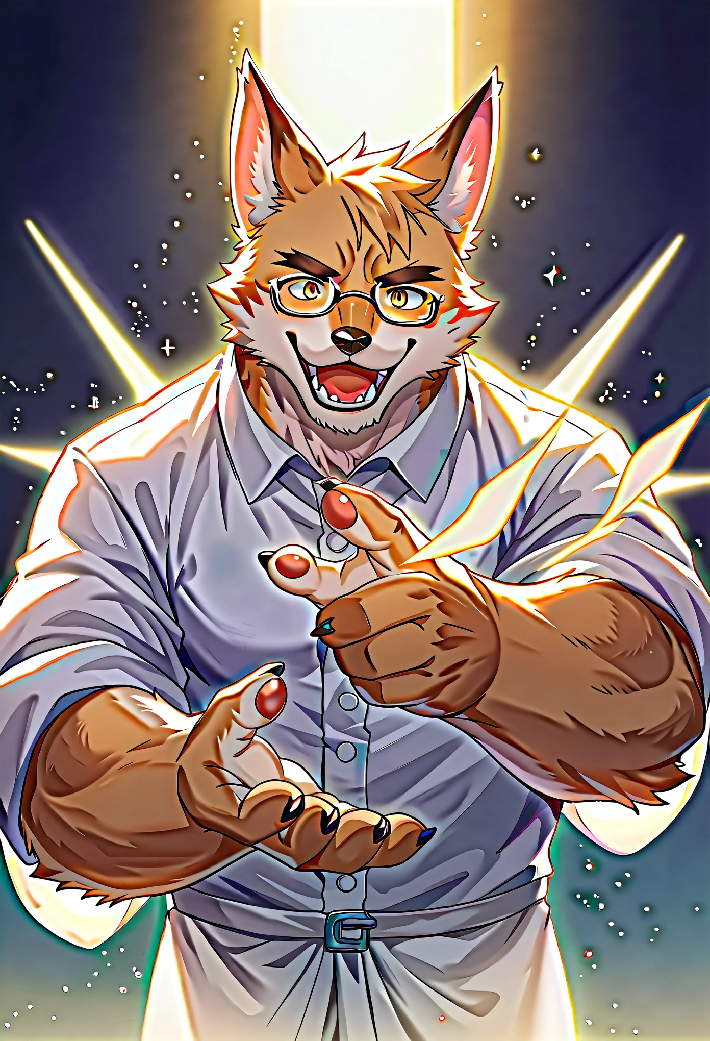 rating_safe, score_9, score_8_up, score_7_up, score_6_up, score_5_up, score_4_up, hires, highres, source_furry, cover page(kemono, furry anthro, angelic handsome 1boy, Smiling embarrassedly, glasses)Handouts, college professor, Lab of a crazy scientist, A dausy chemical that shines, white board, Beautiful lights and shadows, Ambient light, Volumetric lighting, Dynamic configuration, Highly detailed and colorful details, luminous lighting, Atmospheric lighting, dream magical, magic, Glowing light,
