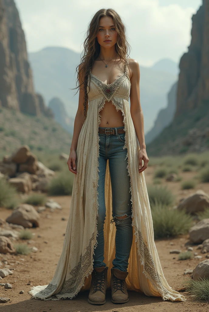 rugged white
dress like from a post apocalyptic scene a dress for a princess in war with another kingdom , full look with dirt jeans to seen worn and the dress should be wripped from the bottom a whole dress for a princess not casual or t shirt, the also should look more modest and realted to shakespeare