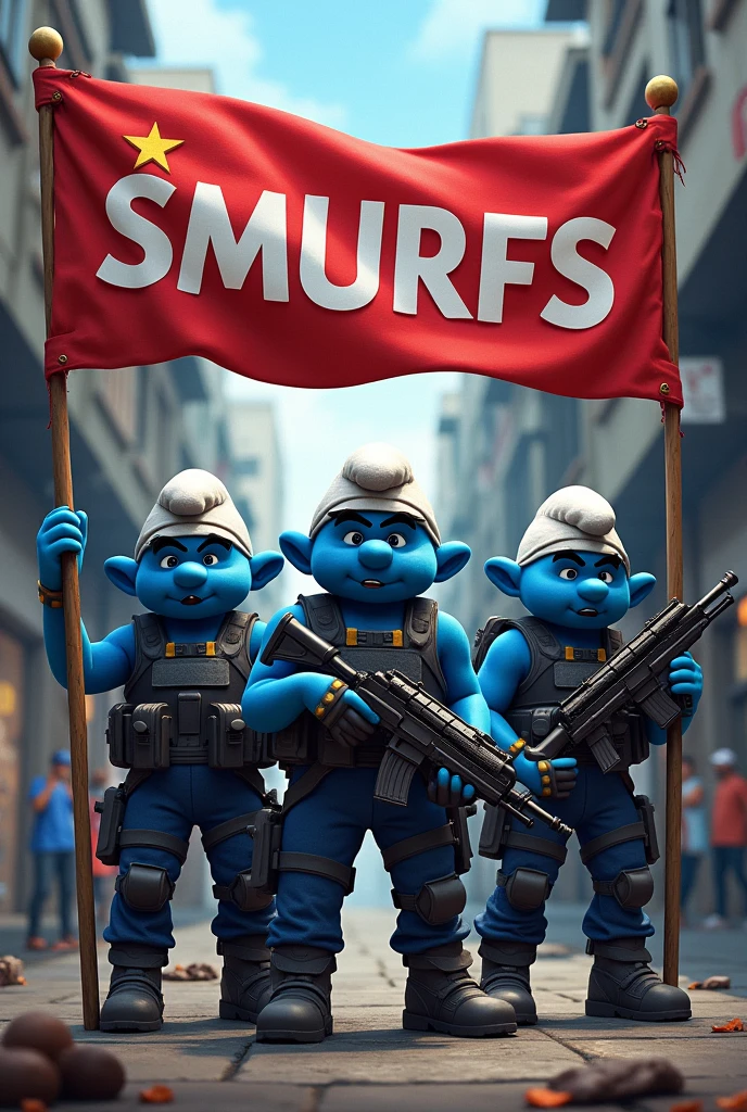 Ingress Resistance Smurfs, 3D, Standing pose, holding banner that says " Ingress Spec-Ops Batangas"