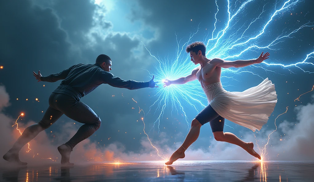 (ultra detailed), thunder、A member of a male dance group uses the power of 1 AI to defeat the enemy.々The scene where he defeats。