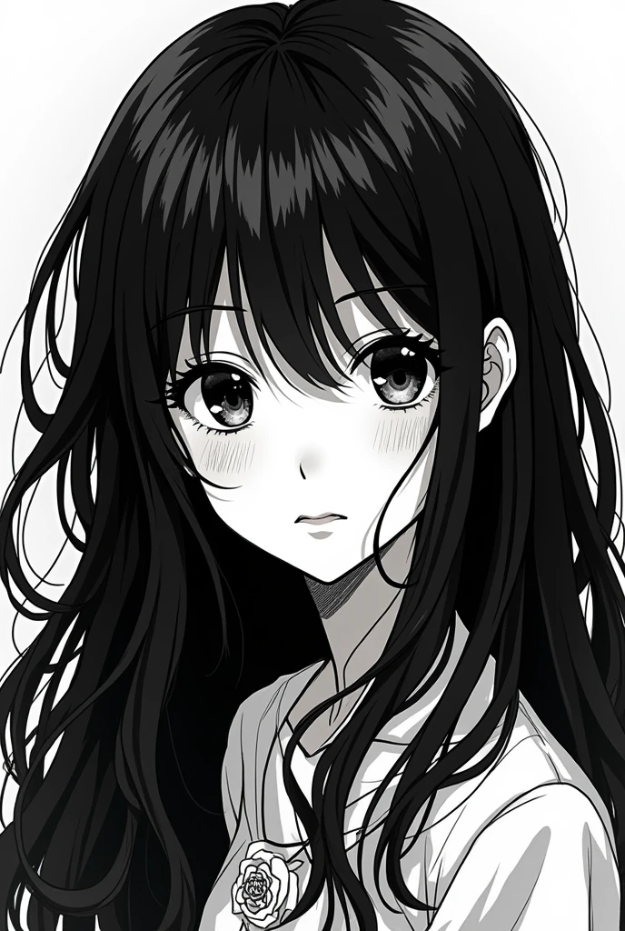 long black hair girl face anime manga style 2d in black and white
