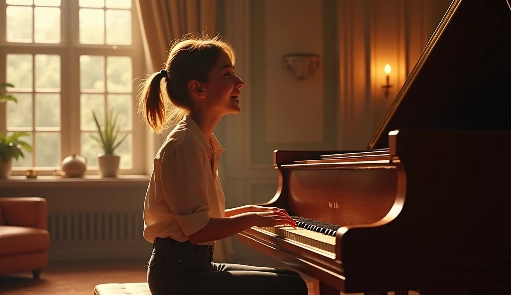 (photorealism:1.2),a cinematic photograph establishing shot of a very happy teen playing a grand piano, joy, magic