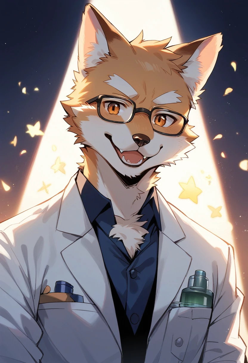 rating_safe, score_9, score_8_up, score_7_up, score_6_up, score_5_up, score_4_up, hires, highres, source_furry, cover page(kemono, furry anthro, angelic handsome 1boy, Smiling embarrassedly, glasses)Handouts, college professor, Lab of a crazy scientist, A dausy chemical that shines, white board, Beautiful lights and shadows, Ambient light, Volumetric lighting, Dynamic configuration, Highly detailed and colorful details, luminous lighting, Atmospheric lighting, dream magical, magic, Glowing light,