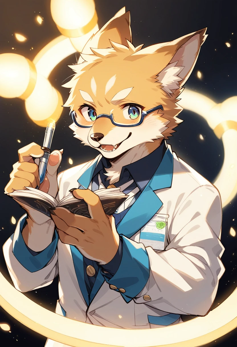 rating_safe, score_9, score_8_up, score_7_up, score_6_up, score_5_up, score_4_up, hires, highres, source_furry, cover page(kemono, furry anthro, angelic handsome 1boy, Smiling embarrassedly, glasses)Handouts, college professor, Lab of a crazy scientist, A dausy chemical that shines, white board, Beautiful lights and shadows, Ambient light, Volumetric lighting, Dynamic configuration, Highly detailed and colorful details, luminous lighting, Atmospheric lighting, dream magical, magic, Glowing light,