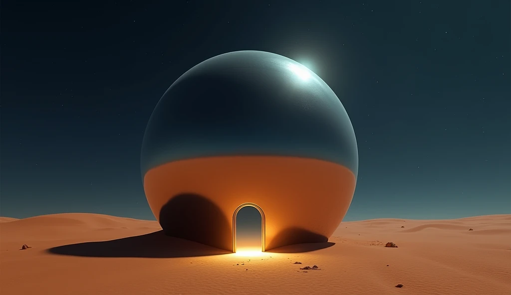 a massive mirror smooth sphere rest on the desert floor at night. a small oval door is open at ground level, spilling light onto the sand photo realistic