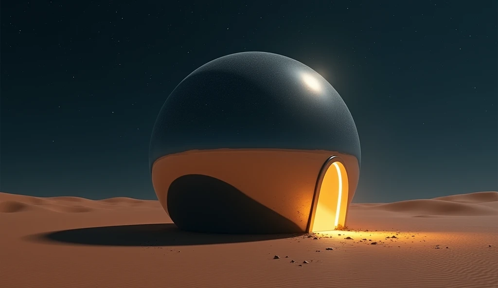 a massive mirror smooth sphere rest on the desert floor at night. a small oval door is open at ground level, spilling light onto the sand photo realistic