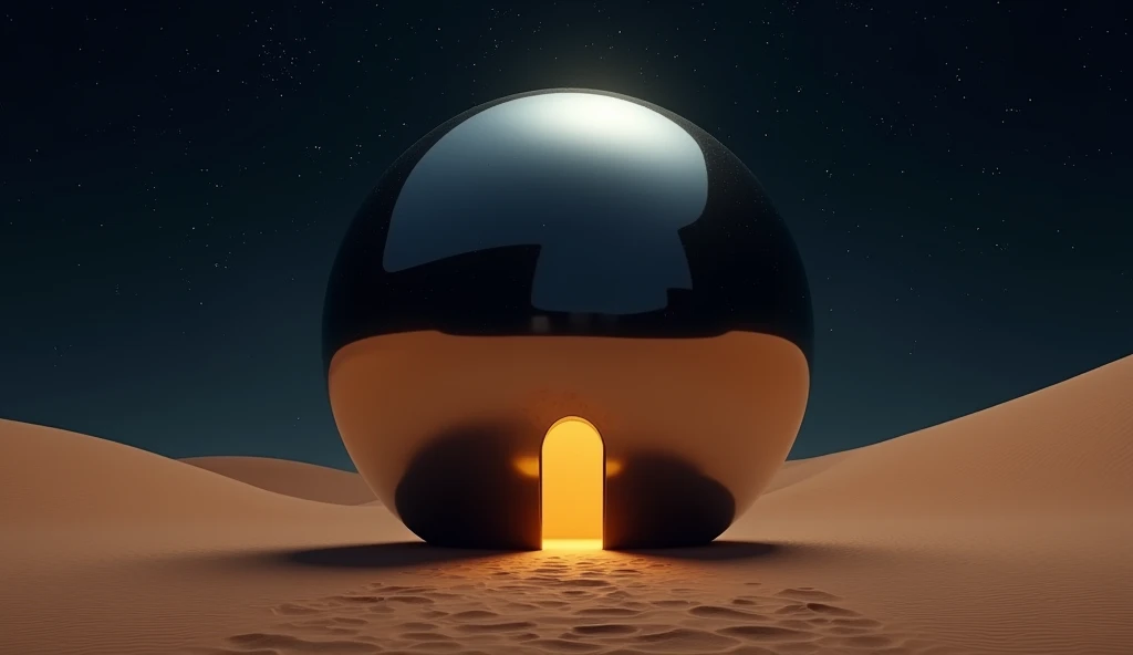 a massive mirror smooth sphere rest on the desert floor at night. a small oval door is open at ground level, spilling light onto the sand photo realistic