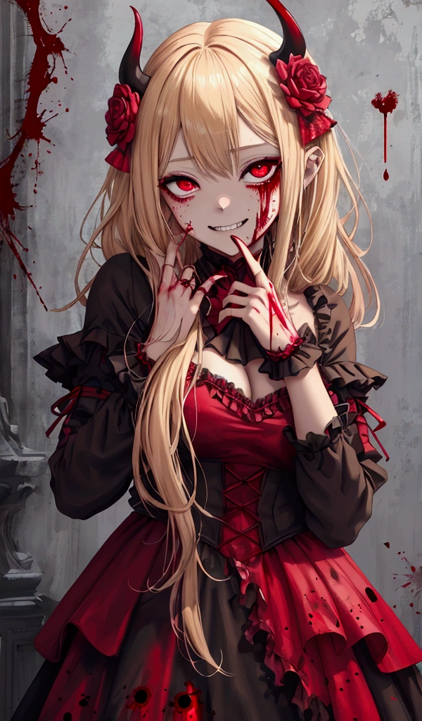 shaded face　、Holding a weapon、Looking at the viewers with a frightening expression、beautiful girl、とてもcute天使、Pink Gothic Fashion、cute、Baby Face、smile、Long skirt、Black long boots、.(Highest quality,4K,High resolution,masterpiece:1.2),Very detailed,Realistic:1.37,Spooky altar background,Dark fantasy,Red color scheme,Ominous atmosphere,Eye-catching,Storytelling,anatomy,Anime Style,Concept Art,beautiful細部までこだわった顔と (((Red eyes ))),A terrifying ritual ,Satanic Ritual,Premature death,inappropriate behavior,クレイジーなsmile,Scythe Face,Girl Monster, beautiful, Delicate facial features, Sharp Eye, Sharp Fangs, pale skin, Dark Background, Cinema Lighting, Dramatic Shadows, Gothic style, Gloomy atmosphere, Dark fantasy, one person&#39;s, Please open your mouth wide, Open your mouth and baring your teeth,Sharp teeth like a beast, Wide lips, very wide mouth, Vermilion cheeks, ,(Blood splatter:1.4),Scary smile, smile,Angel Design, Twisted smile、Bloody、bleeding from the head,,,,,、Blood splatter、,(Blood splatter:1.4),skull,Demon Spear,Horror Style, ((Fantasy Sweet Ta Frill Pink Costume)), ((Flowing blonde hair)), ,(Blood splatter:1.4),Female curves, Sexy flat stomach, Perfect hands, Perfect anime face, (Pink Tata Dress)), Are standing, ((邪悪なsmile)), ,(Blood splatter:1.4), Steam circulates, Moonlight Illumination, night lighting, (Blood splatter:1.6),アニメAngel Design, Twisted smile、Bloody、bleeding from the head,,,,,、Blood splatter、,(Blood splatter:1.4), skull,Gothic architecture、Western architecture、Fantasy World、,Victorian cities, Skeleton Gas Light,Absurd, High resolution、 ((Tabletop)), ((Highest quality)), (Very detailedな), ((Very detailed)), (beautiful), ((cute)), (NFSW:1.8), alone,(:1.6)、(world&#39;The most terrifying and creepy demon girl:1.5)beautiful face、Whole Body Ezbian、pale, beautiful肌、beautiful金の髪、優しくsmileむ、Dark building ruins、(snow white&#39;Frill dress:1.3)、(The dark ruins are stained with blood:1.3)、Low angle full body shot、(少女は血の海の中にAre standing:1.5)、(The ground is full of blood:1.3)、(The girl lost a lot of blood....:1.3)、(クレイジーなsmile:1.6)、Spirits、(Blood dripping from the mouth:1.3)、
