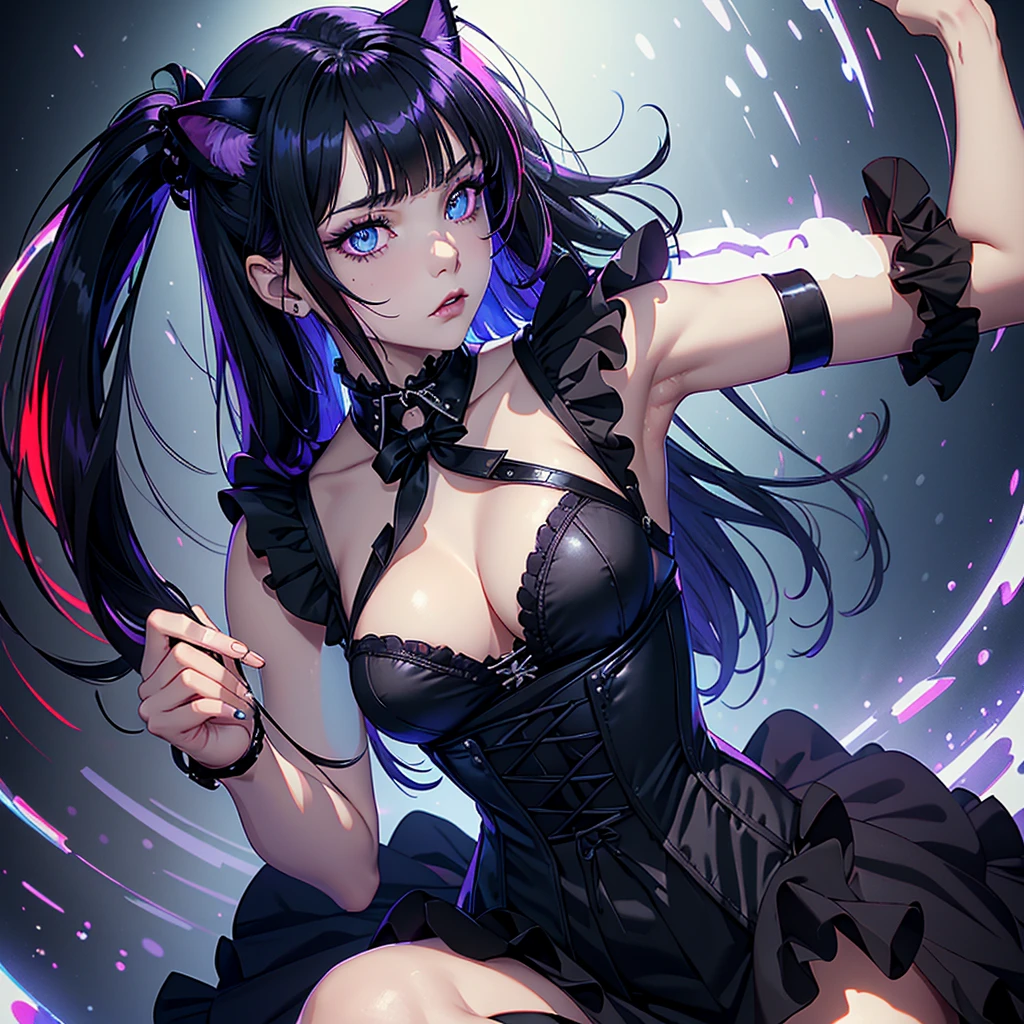 (Masterpiece, best quality, highest resolution), (1 girl, solo, cat ears, goth girl, full picture, raytracing, melancholic expression, purple smokey eye makeup), (blue eyes, black hair), ((red fringes)), long hair, sleeveless shirt, corset, skirt, frills, glossy white kneehighs