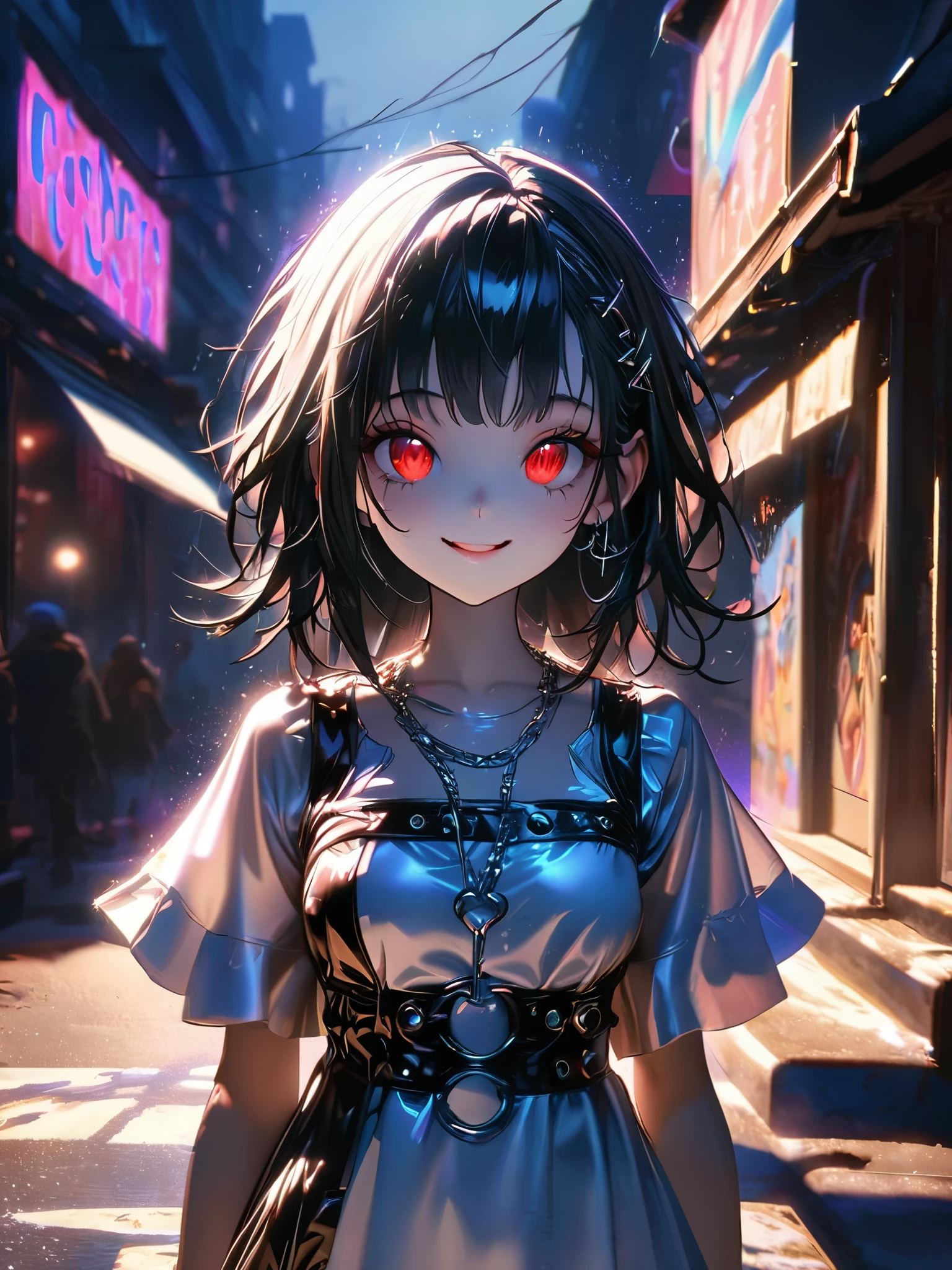 1 person, chromatic aberration, Written boundary depth, Soft Light, masterpiece, Highest quality, complicated, Tone Mapping, A place where fireworks are set off at festivals. Concept Art, Smooth, Clear focus, Dramatic lighting, Very cinematic, super practical painting, アートステーション's trending, 8k, Incredible Shadows, practical,  whole body, View, Viewers, Portrait of a Girl 1, standing on street corner, Heavy rain and lightning、Dark Sky, neon and cyber punk background, she is dressed in punk clothing with silver chains and silver spikes, Her hair was dyed a bright black color..........Ominous aura of light, smile, punk, ciber punk, Backlight.Fashionable clothes、Friendly dress code:wearing cute white dress.My breasts are a little big.Beautiful red eyes