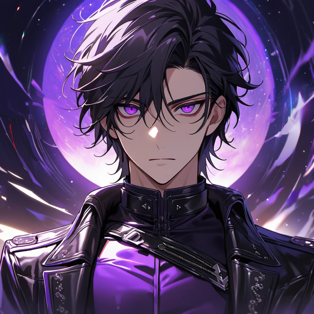 High quality, HD, 4k, no shadows, handsome male, handsome, extremly handsome, 1male, 1 male, teenager, pure black hair, short black hair, dark hair, black hair, jet black hair, sharp eyes, deep purple colored eyes, dark purple colored eyes, deep violet eyes, violet eyes, devil may cry, close up, calm expression, stoic expression, black leather clothes, black leather clothing, leather clothing, lean body, well trained body, upper body, looking at viewer, cowboy shot, white solar, space background