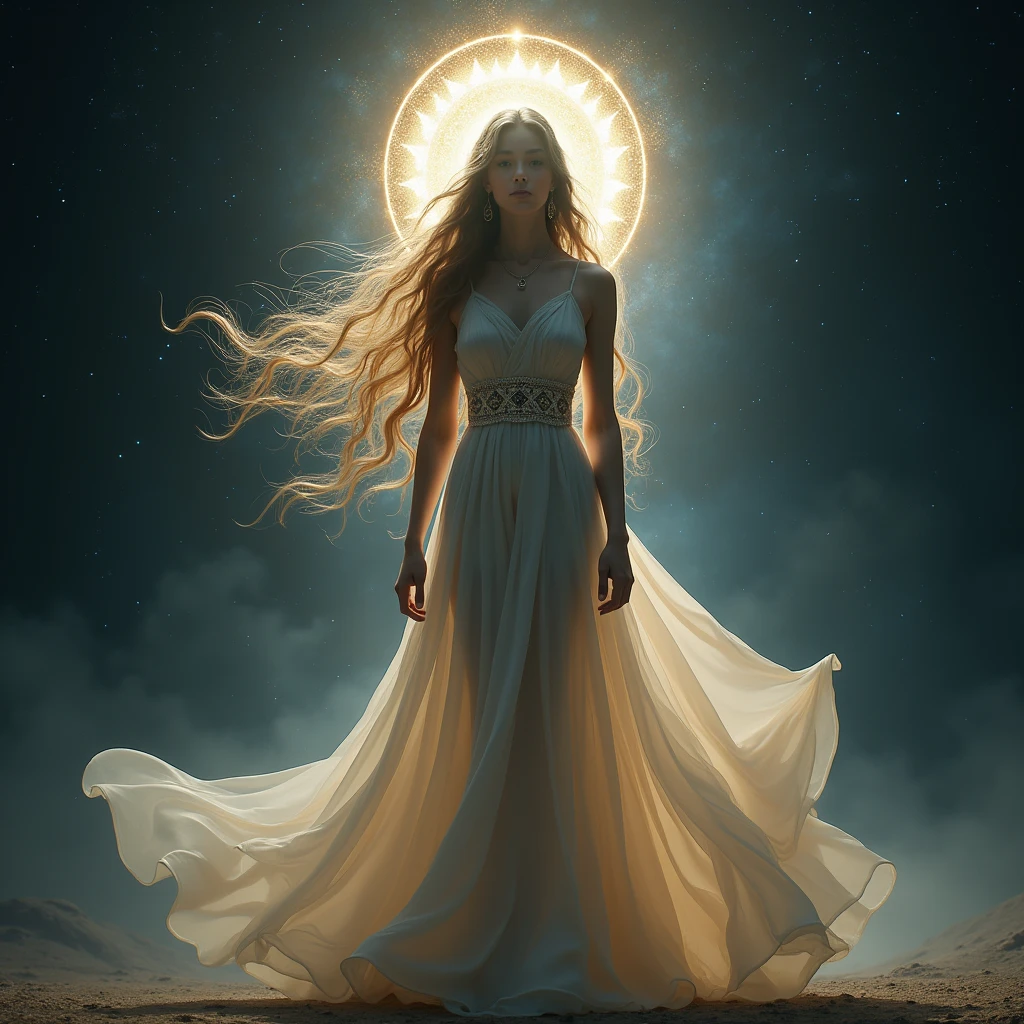 A woman with long hair and a flowing dress stands in the dark, Blonde girl in space dress, An amazing young and mysterious figure, Space Goddess, Spiritual Appearance, Galaxy Goddess, Space Girl, Star Fairy, Sacred Cosmic Feminine Power, Space Hair Anime Girl, Goddess of space and time, direct rotational energy, A shining halo surrounds her,Light,Cleanliness,Reflexive,refraction,Ray Tracing,Ultra-fine,Ultra-realistic,Highest quality