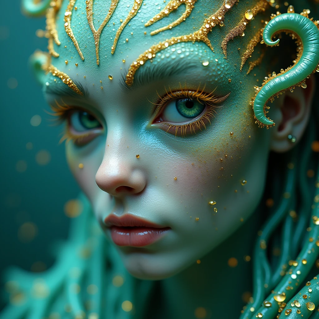 Eye Level shot, on the face of an otherworldly sea creature, half-human and half-aquatic entity. Her skin shimmers with an iridescent turquoise and gold scale-like texture, each minute scale catching and refracting light in mesmerizing patterns. Delicate, raised golden lines trace intricate patterns across her forehead and cheekbones, forming a living, glistening crown.Her eyes are the focal point - large, almond-shaped, and an impossible shade of vivid emerald green. The irises seem to swirl with depth, hinting at ancient, unknowable wisdom. Long, sweeping eyelashes frame these captivating eyes, each lash coated in a fine dusting of golden sparkles.Tiny water droplets cling to her skin, creating a constellation of liquid diamonds that enhance the ethereal glow emanating from within. Her lips, slightly parted, are a soft pink, providing a striking contrast to the cool tones of her skin.Framing her face are tendrils of what appear to be living seaweed or fine, aquatic tentacles. These strands move with a life of their own, shimmering in shades of teal, gold, and deep ocean blue. Some tendrils are adorned with tiny, bioluminescent creatures that pulse with gentle light.The background is a soft blur of deep oceanic blues and greens, suggesting the depths of an alien sea. Occasional flashes of bioluminescence dance in the periphery, hinting at unseen wonders beyond the frame.The lighting is soft yet complex, as if filtered through layers of water, creating an interplay of shadow and shimmer across the creature's face. The overall effect is one of beauty so strange and captivating that it borders on the surreal, inviting the viewer into a world of aquatic magic and mystery. 8k, Intricate details, depth of field, sharp focus, Cinematic clinical lighting, Deep Focus, f/22, Cinematic film still, shot on RED DIGITAL CINEMA KOMODO-X 6K, film grain, color graded, post-processed, cinematic lighting, 35mm film, best quality.