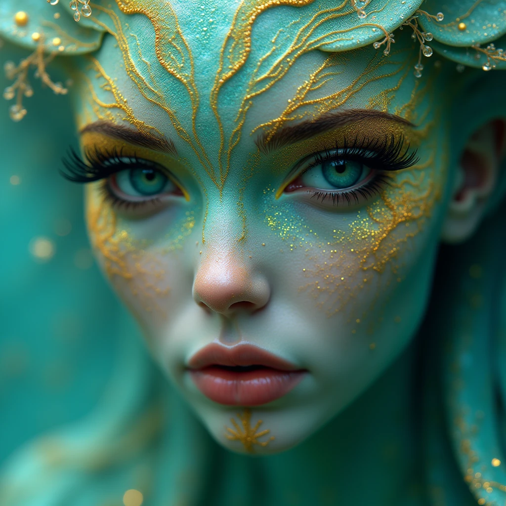 Eye Level shot, on the face of an otherworldly sea creature, half-human and half-aquatic entity. Her skin shimmers with an iridescent turquoise and gold scale-like texture, each minute scale catching and refracting light in mesmerizing patterns. Delicate, raised golden lines trace intricate patterns across her forehead and cheekbones, forming a living, glistening crown.Her eyes are the focal point - large, almond-shaped, and an impossible shade of vivid emerald green. The irises seem to swirl with depth, hinting at ancient, unknowable wisdom. Long, sweeping eyelashes frame these captivating eyes, each lash coated in a fine dusting of golden sparkles.Tiny water droplets cling to her skin, creating a constellation of liquid diamonds that enhance the ethereal glow emanating from within. Her lips, slightly parted, are a soft pink, providing a striking contrast to the cool tones of her skin.Framing her face are tendrils of what appear to be living seaweed or fine, aquatic tentacles. These strands move with a life of their own, shimmering in shades of teal, gold, and deep ocean blue. Some tendrils are adorned with tiny, bioluminescent creatures that pulse with gentle light.The background is a soft blur of deep oceanic blues and greens, suggesting the depths of an alien sea. Occasional flashes of bioluminescence dance in the periphery, hinting at unseen wonders beyond the frame.The lighting is soft yet complex, as if filtered through layers of water, creating an interplay of shadow and shimmer across the creature's face. The overall effect is one of beauty so strange and captivating that it borders on the surreal, inviting the viewer into a world of aquatic magic and mystery. 8k, Intricate details, depth of field, sharp focus, Cinematic clinical lighting, Deep Focus, f/22, Cinematic film still, shot on RED DIGITAL CINEMA KOMODO-X 6K, film grain, color graded, post-processed, cinematic lighting, 35mm film, best quality.