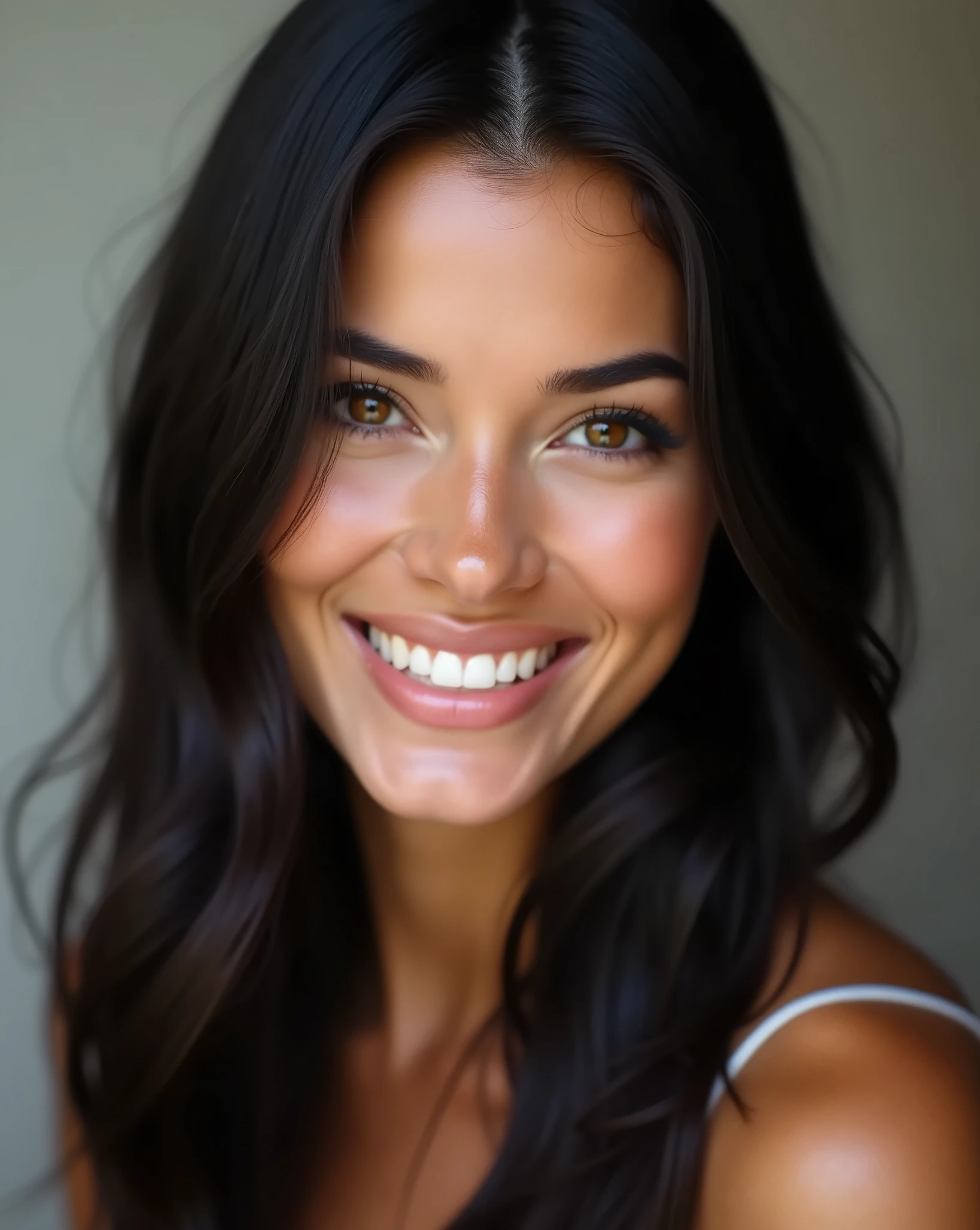 !generate  Infinity"  smiling (White teeth:1.3) very beautiful lady with honey-colored eyes, with long straight black hair, photography, portrait, realistic, looking into the câmera"    