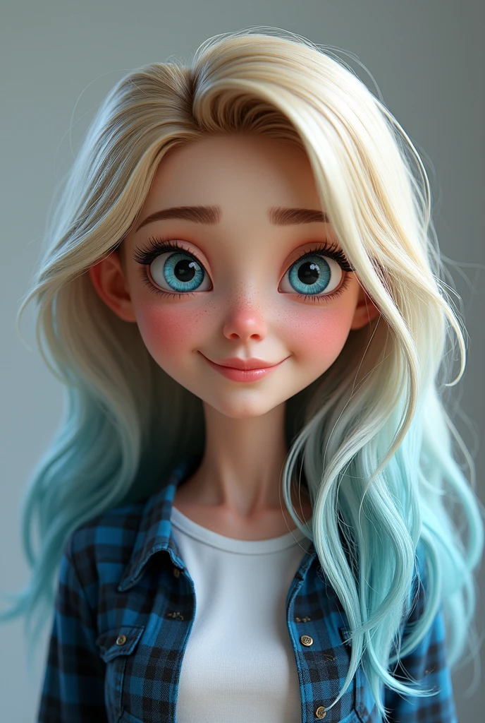 Pixar 3d style, disney, DEN_emma_kotos,
(headshot:1.2) portrait on a (plain grey background:1.2), (headshot:1.2), (face focus:1.1), windswept chaotic hair, soft lighting, low contrast, low saturation,
bokeh, f1.4, 40mm, photorealistic, raw, 8k, textured skin, skin pores, intricate details  epiCRealism, avril lavigne, blue eyes, pink ombre blonde hair, emo, long blonde hair, tshirt plaid, smiling