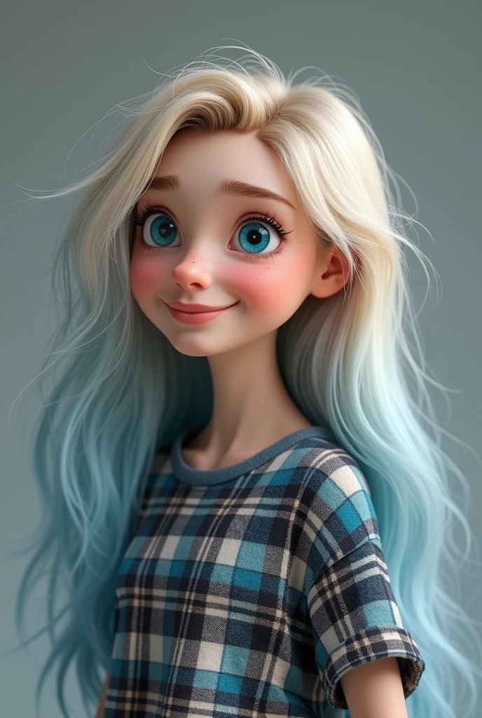 Pixar 3d style, disney, DEN_emma_kotos,
(headshot:1.2) portrait on a (plain grey background:1.2), (headshot:1.2), (face focus:1.1), windswept chaotic hair, soft lighting, low contrast, low saturation,
bokeh, f1.4, 40mm, photorealistic, raw, 8k, textured skin, skin pores, intricate details  epiCRealism, avril lavigne, blue eyes, pink ombre blonde hair, emo, long blonde hair, tshirt plaid, smiling