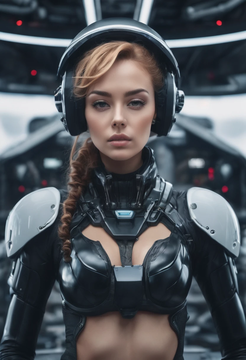 A high-resolution, masterpiece-quality, highly detailed CG image that resembles a realistic photo with stunning detail. It features a glossy and shiny appearance with wonderful multiple layers, suitable for an 8k wallpaper. The 3D rendering depicts a young woman in the cockpit of a giant robot, clad in a leather bodysuit, embodying a digital metal punk style. She is surrounded by a futuristic interface, including a glowing control panel with buttons and screens, and her sharp gaze adds to the tension and style of the dark fashion setting in a futuristic world.