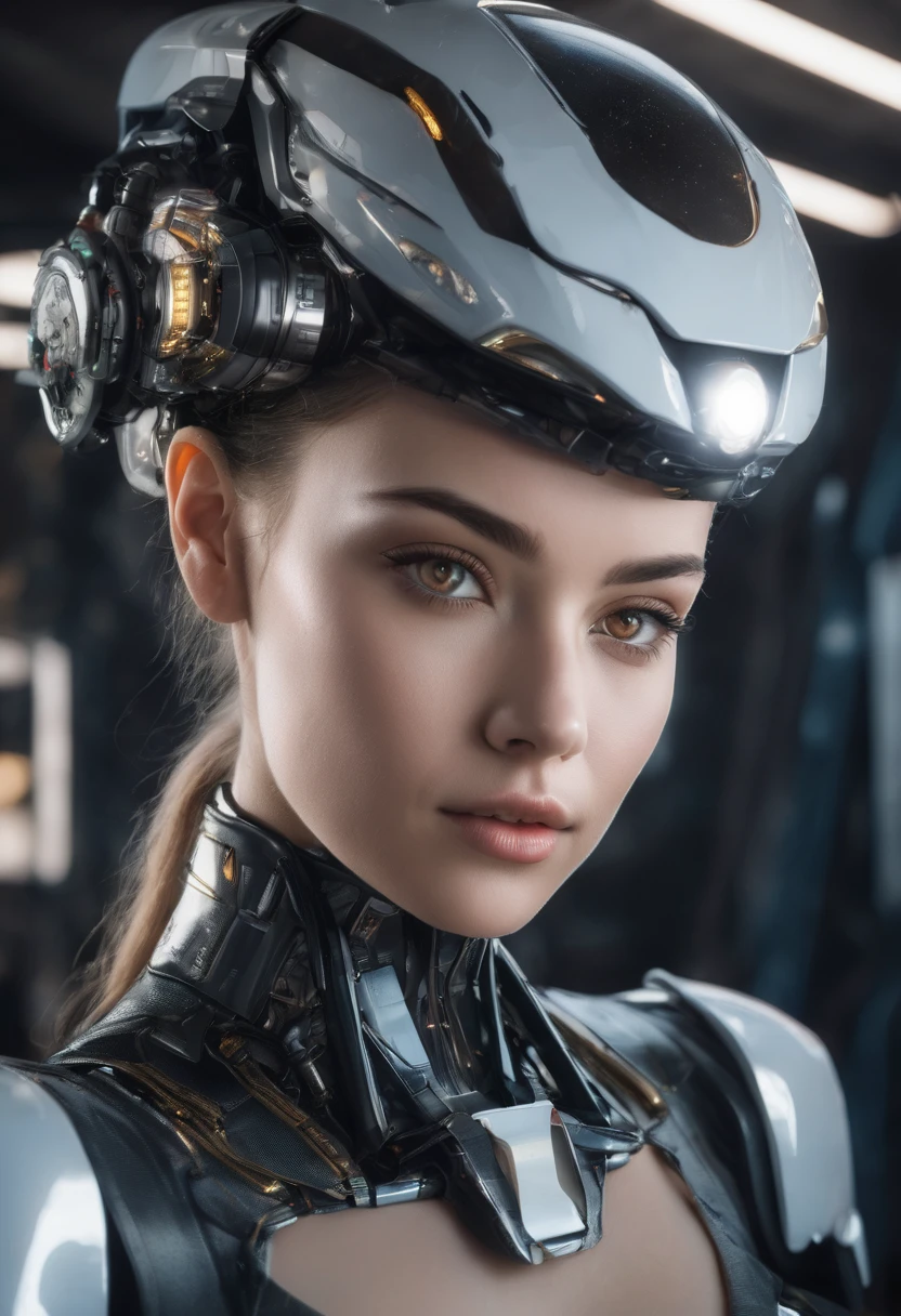 A high-resolution, masterpiece-quality, highly detailed CG image that resembles a realistic photo with stunning detail. It features a glossy and shiny appearance with wonderful multiple layers, suitable for an 8k wallpaper. The 3D rendering depicts a young woman in the cockpit of a giant robot, clad in a leather bodysuit, embodying a digital metal punk style. She is surrounded by a futuristic interface, including a glowing control panel with buttons and screens, and her sharp gaze adds to the tension and style of the dark fashion setting in a futuristic world.