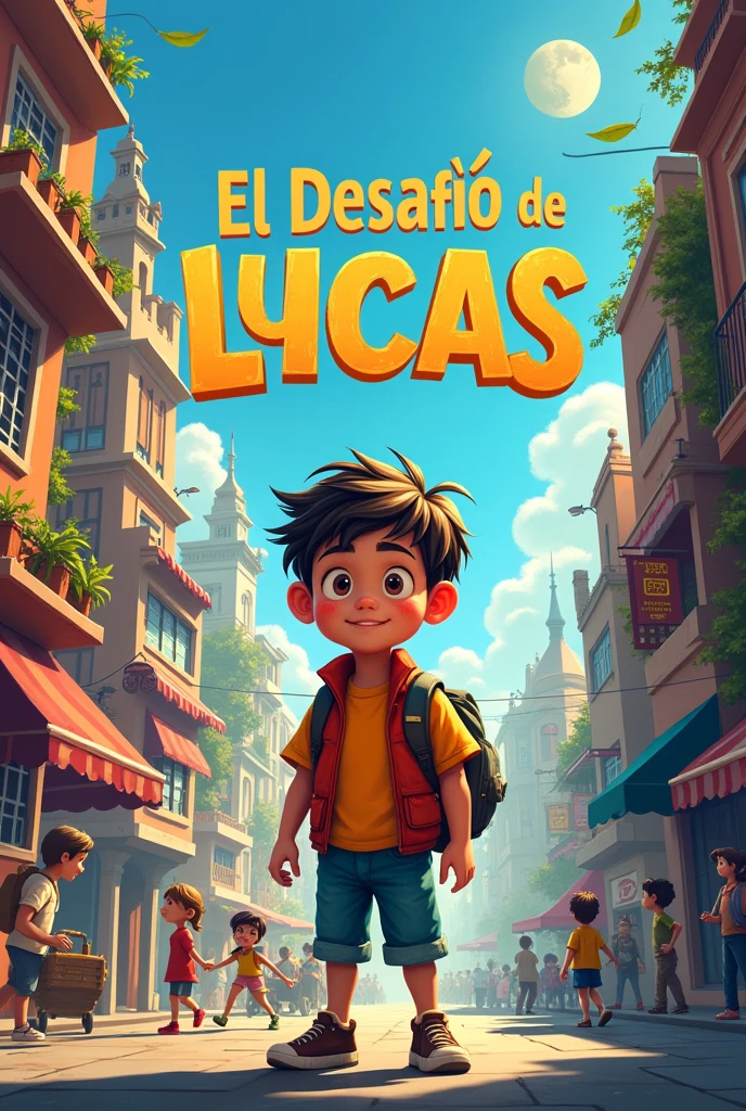 Make me a cover that is about a child, it is called Lucas&#39;s challenge and that has the title in the image, that is in a city and the title is in Spanish. 