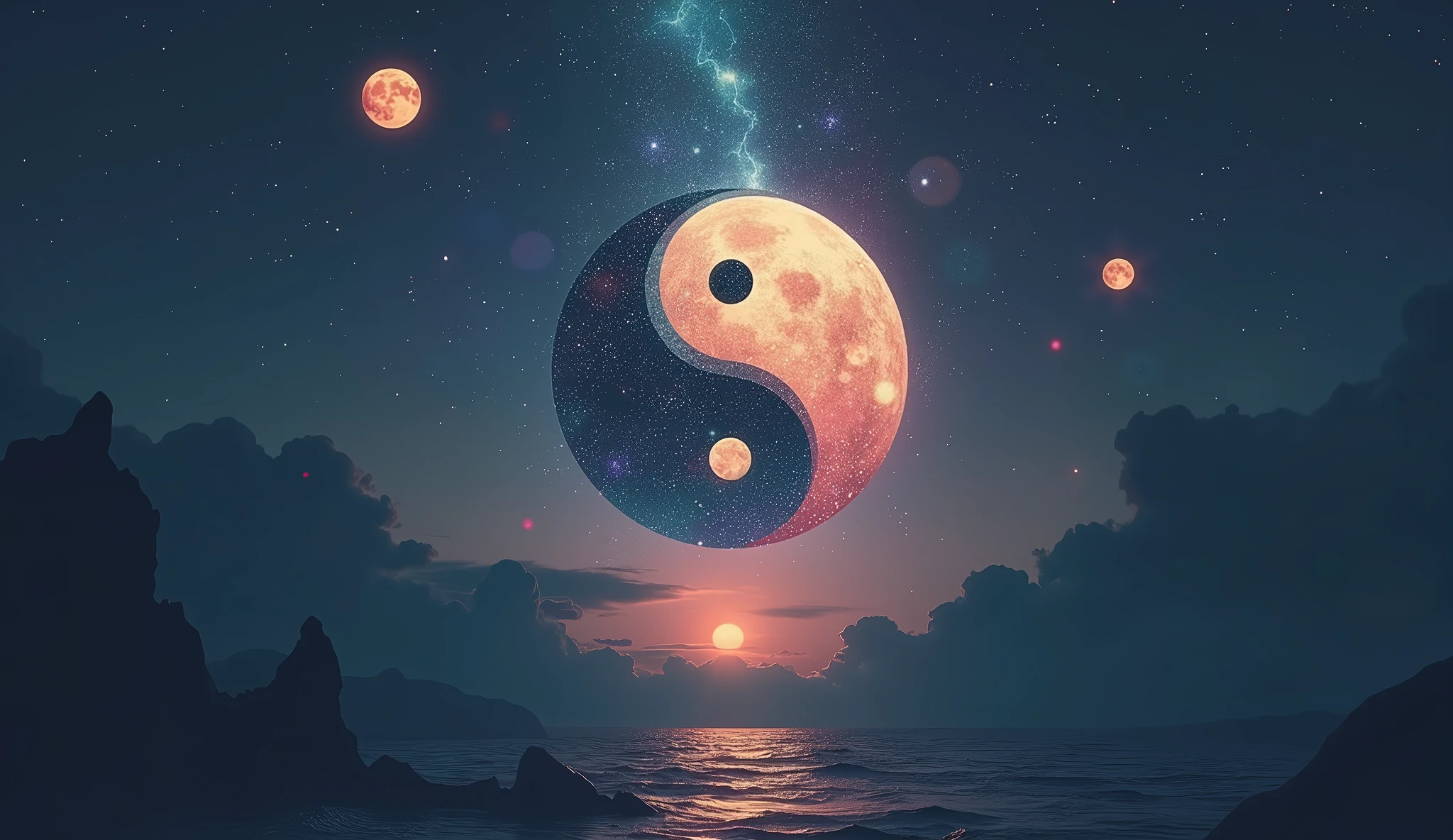 Yin yan is a symbol of balance and, Water Yin Yang, Stunning contrasting background, universe, yin yang, Taoism, universe多彩的终极月门, yinyang shaped, author：Yang J, Chinese Fantasy, Digital Art Pictures, Stunning digital art, two moons in sky, Amazing composition, Digital art high quality
