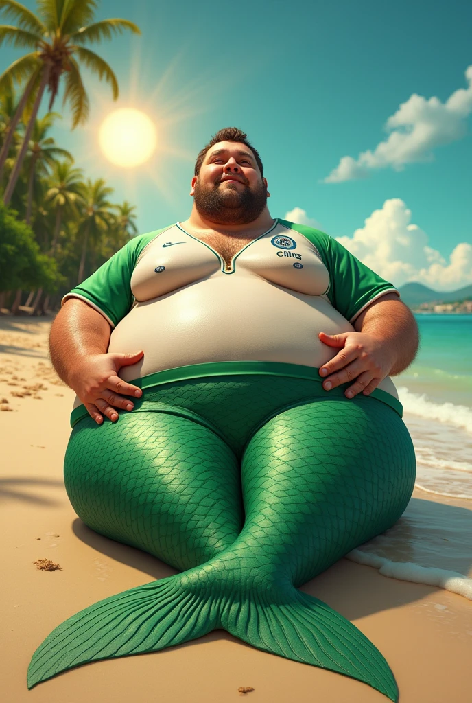 Create an image of a fat man lying on the sand of a beach dressed as a mermaid with the São Paulo Football Club shirt under a scorching sun and the words "Good morning, people from São José do Rio Preto" written in the photo.
