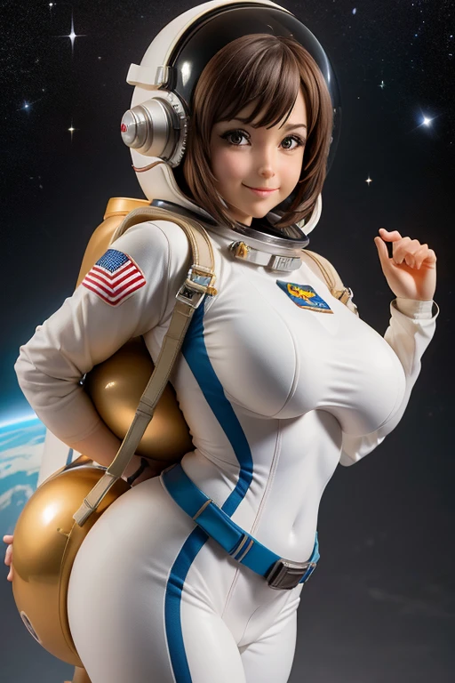 figure, astronaut, sexy pose, big breasts, curvy, smile, tight-fitting spacesuit, astronaut helmet, jetpack
