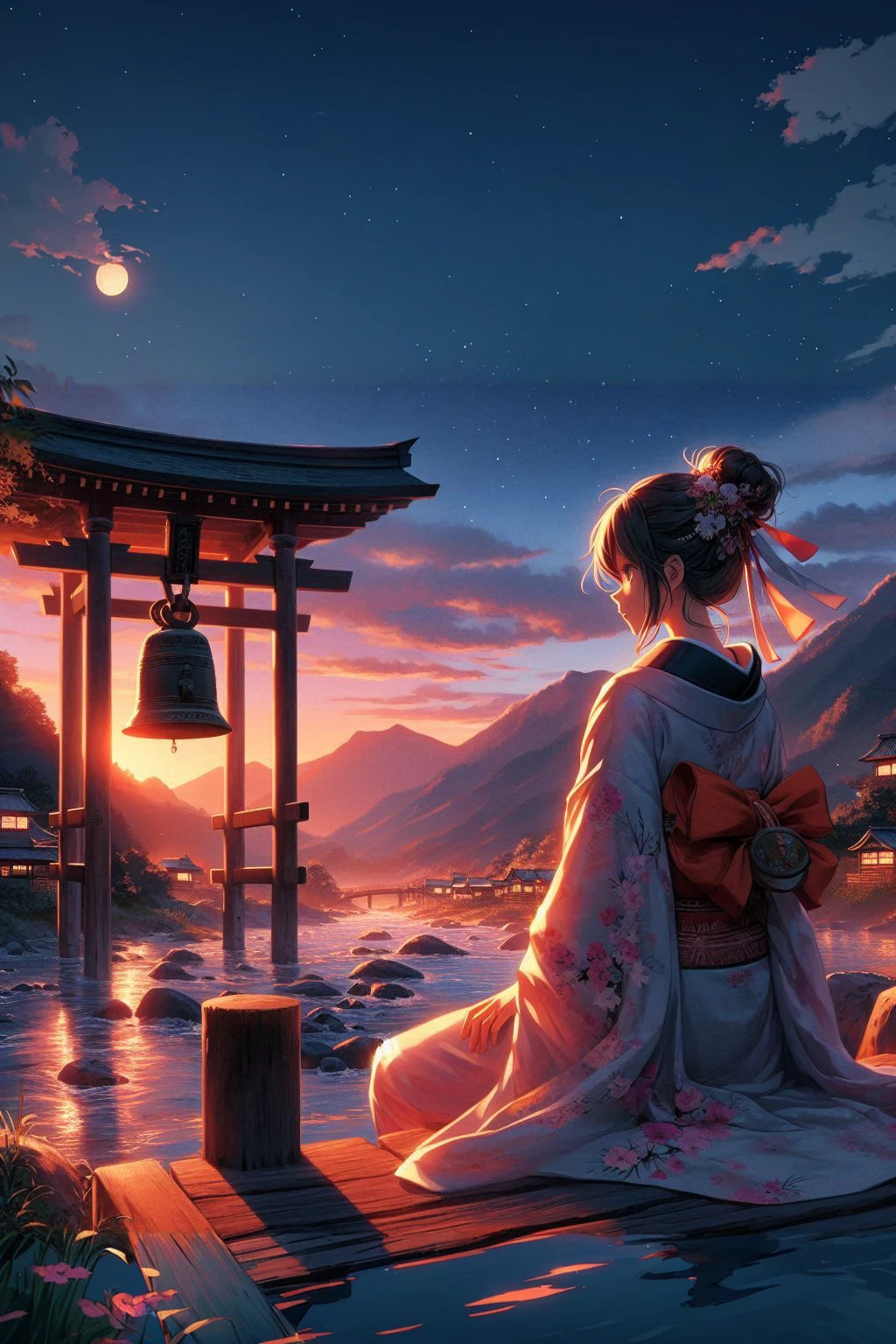 Anime girl sitting on a pier with a bell in the background, Japanese art style, Beautiful peaceful scene in anime, Anime Style 4k, anime art wallpaper 4k, anime art wallpaper 4k, anime wallpaper 4k, anime wallpaper 4k, Beautiful anime scene, Anime Art Wallpapers 8K, Beautiful Art UHD 4K, Beautiful Wallpapers, 4k anime wallpaper
