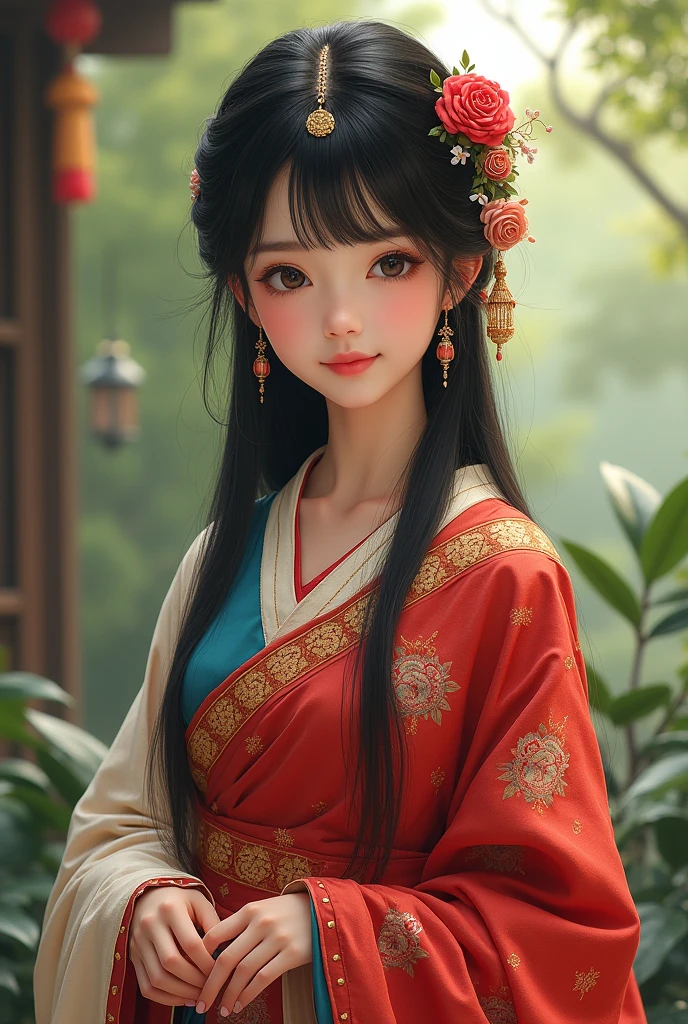 Realistic Cute Japanese girl wearing indian saree