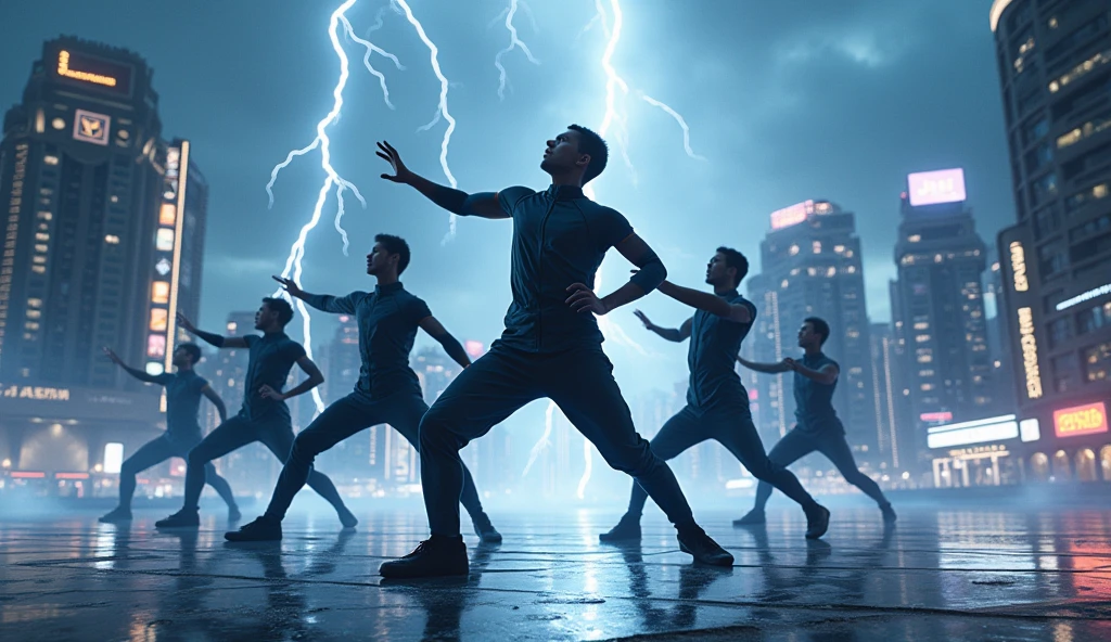 (Ultra detailed), cyberpunk, lightning, particles, robots, shot from above, a male dance group fighting enemy characters.